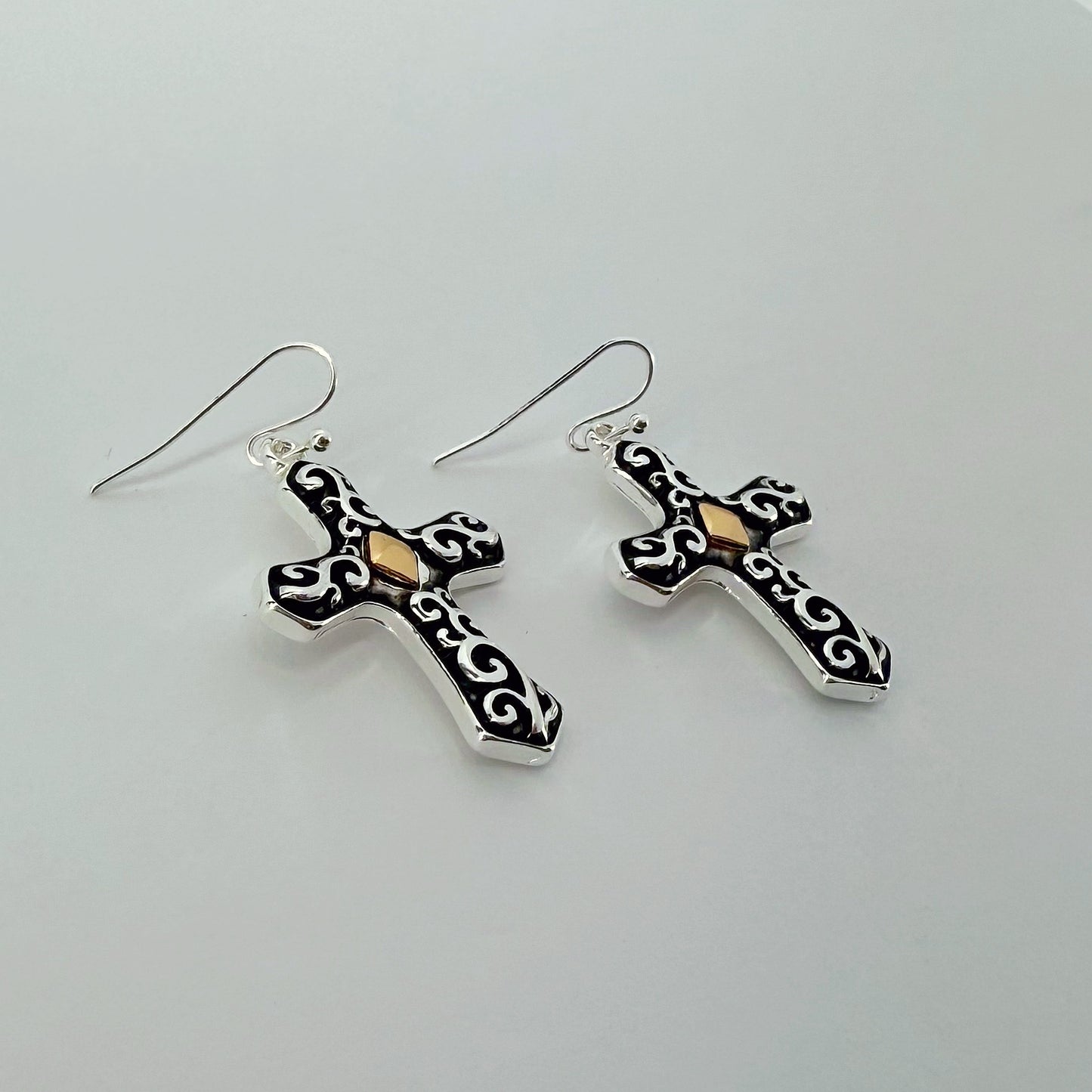 Two Tone gold and silver finish Filigree Vintage Cross Earrings