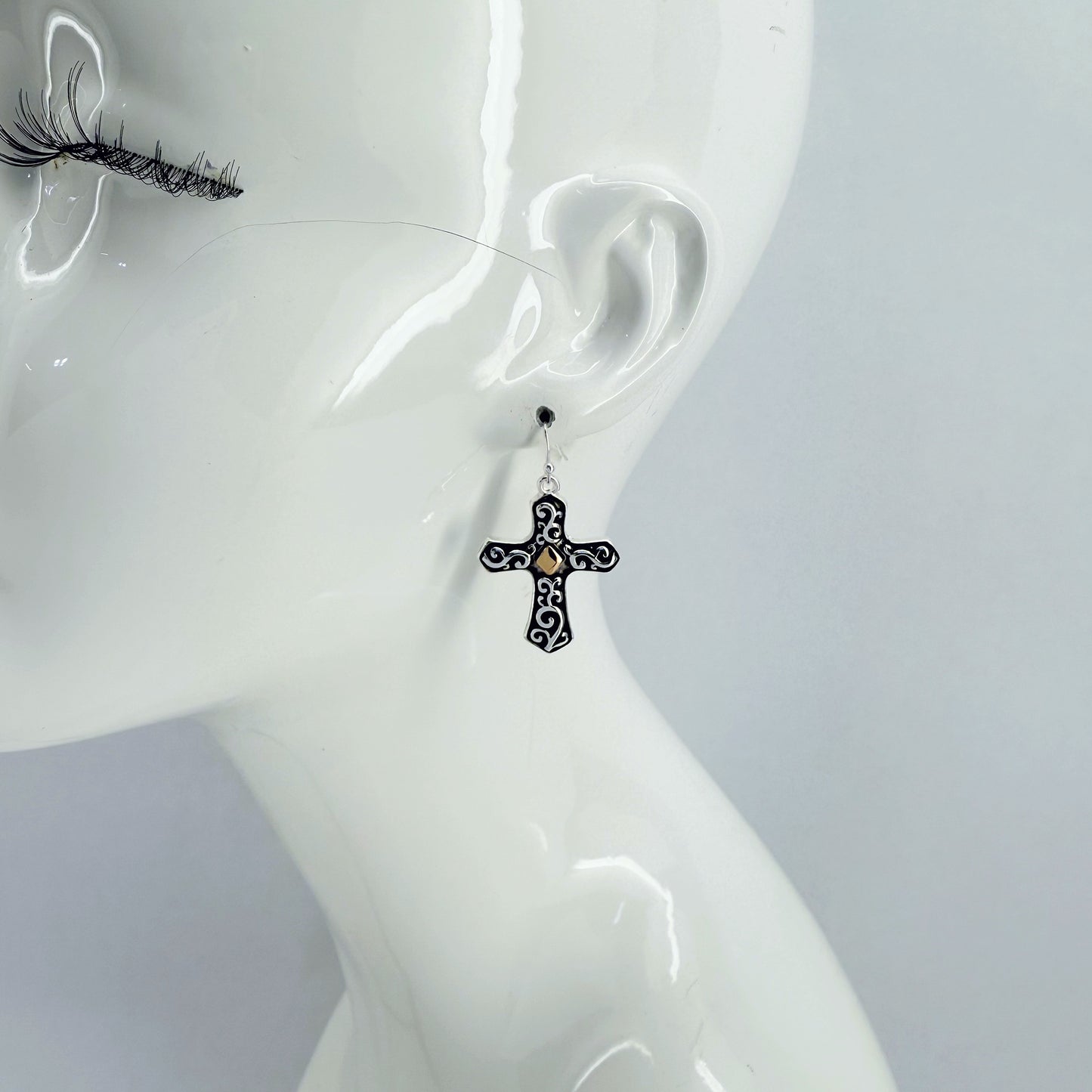 Two Tone gold and silver finish Filigree Vintage Cross Earrings