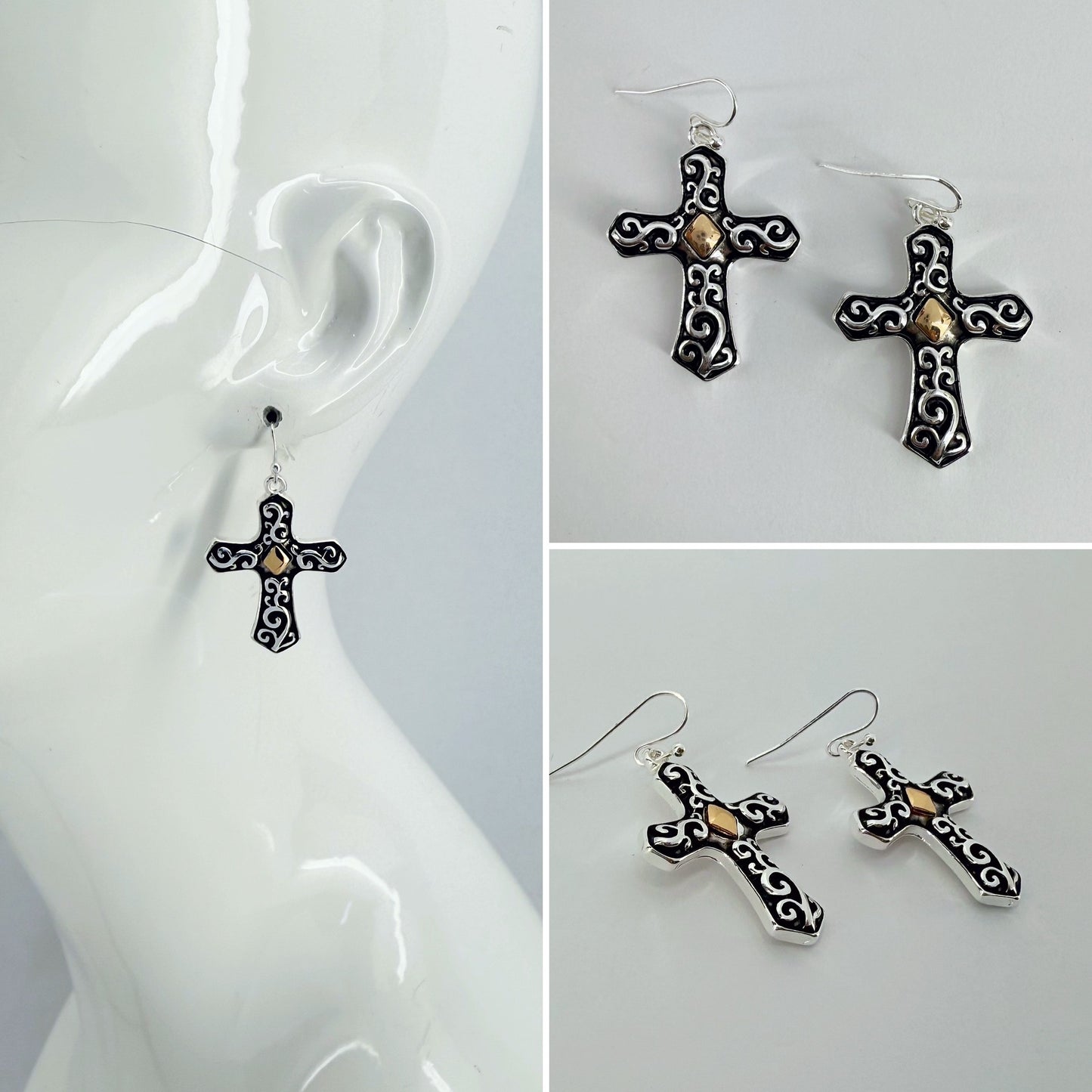 Two Tone gold and silver finish Filigree Vintage Cross Earrings