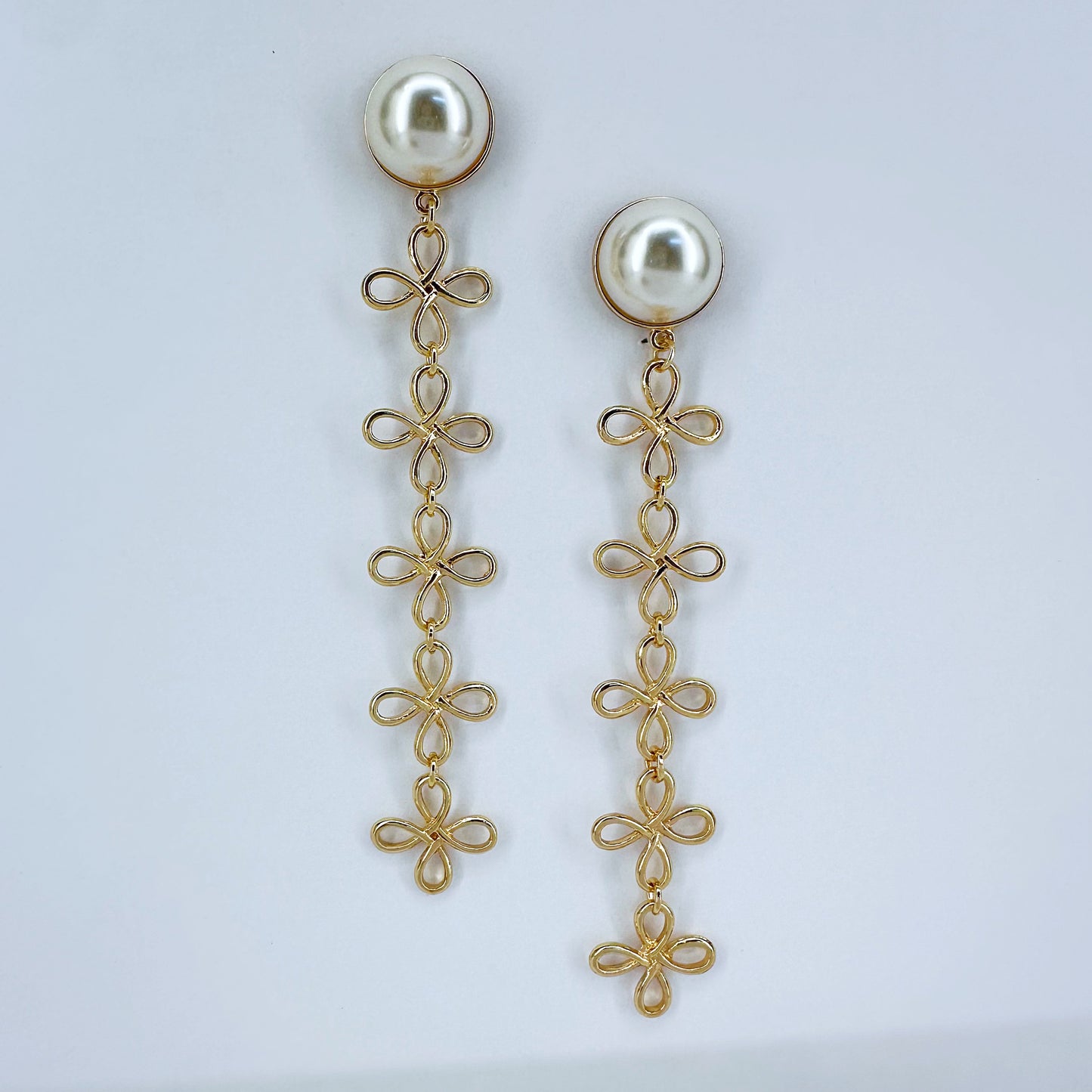 Pearl Post Earring Clover Long Dangle Design