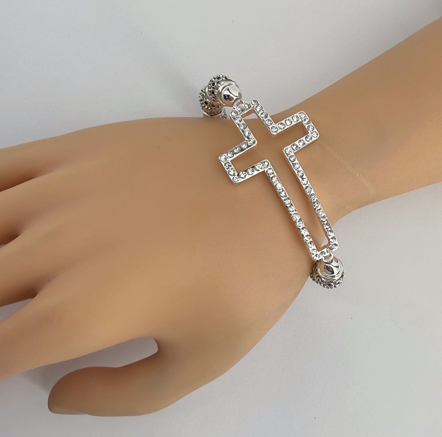 Silver Finish Stretchable Cross Bracelet with Clear Rhinestones