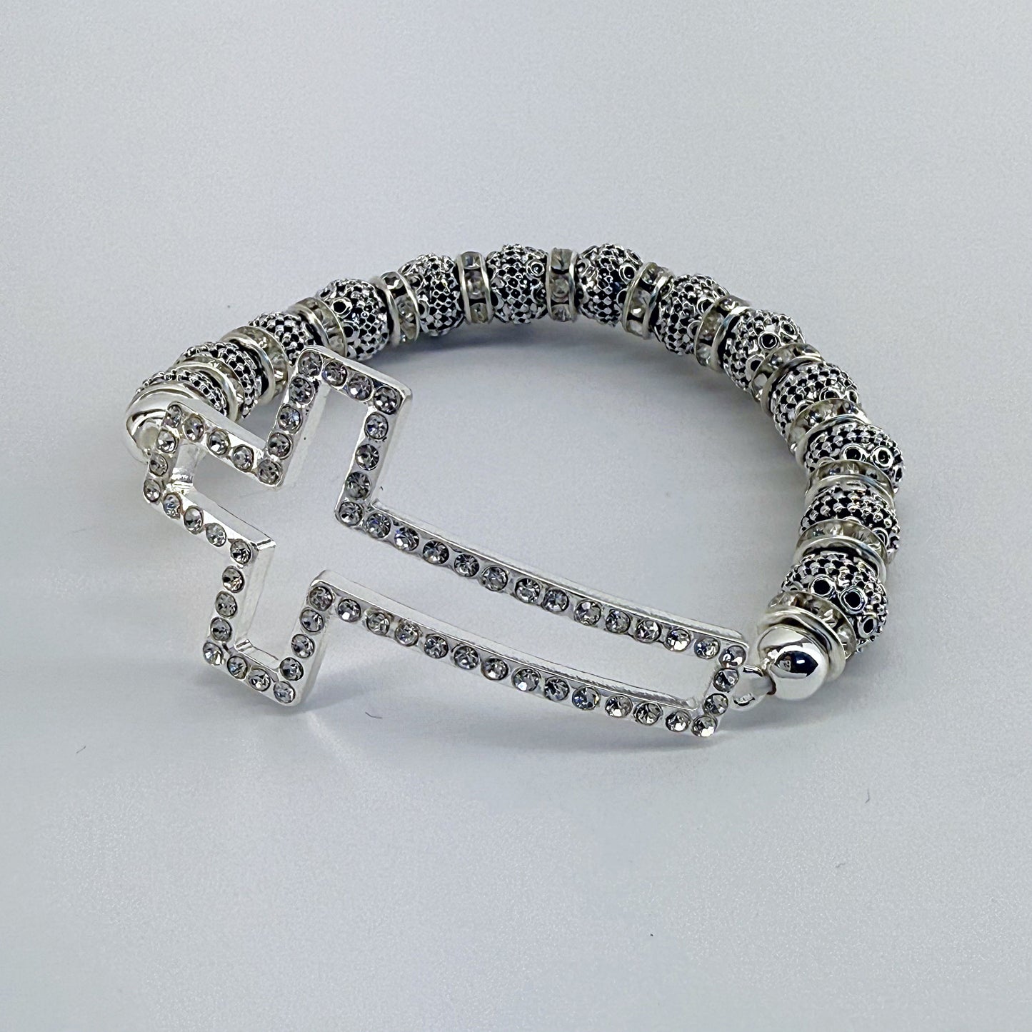 Silver Finish Stretchable Cross Bracelet with Clear Rhinestones