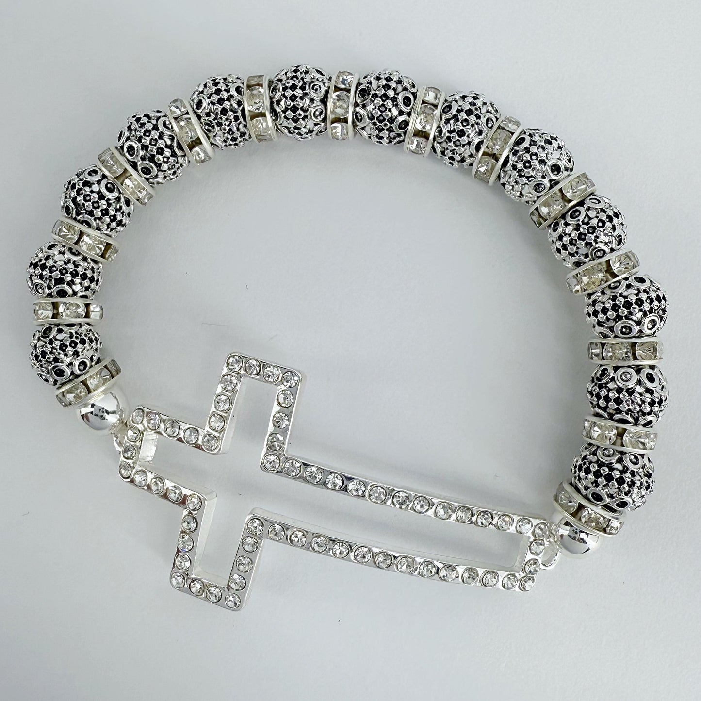 Silver Finish Stretchable Cross Bracelet with Clear Rhinestones