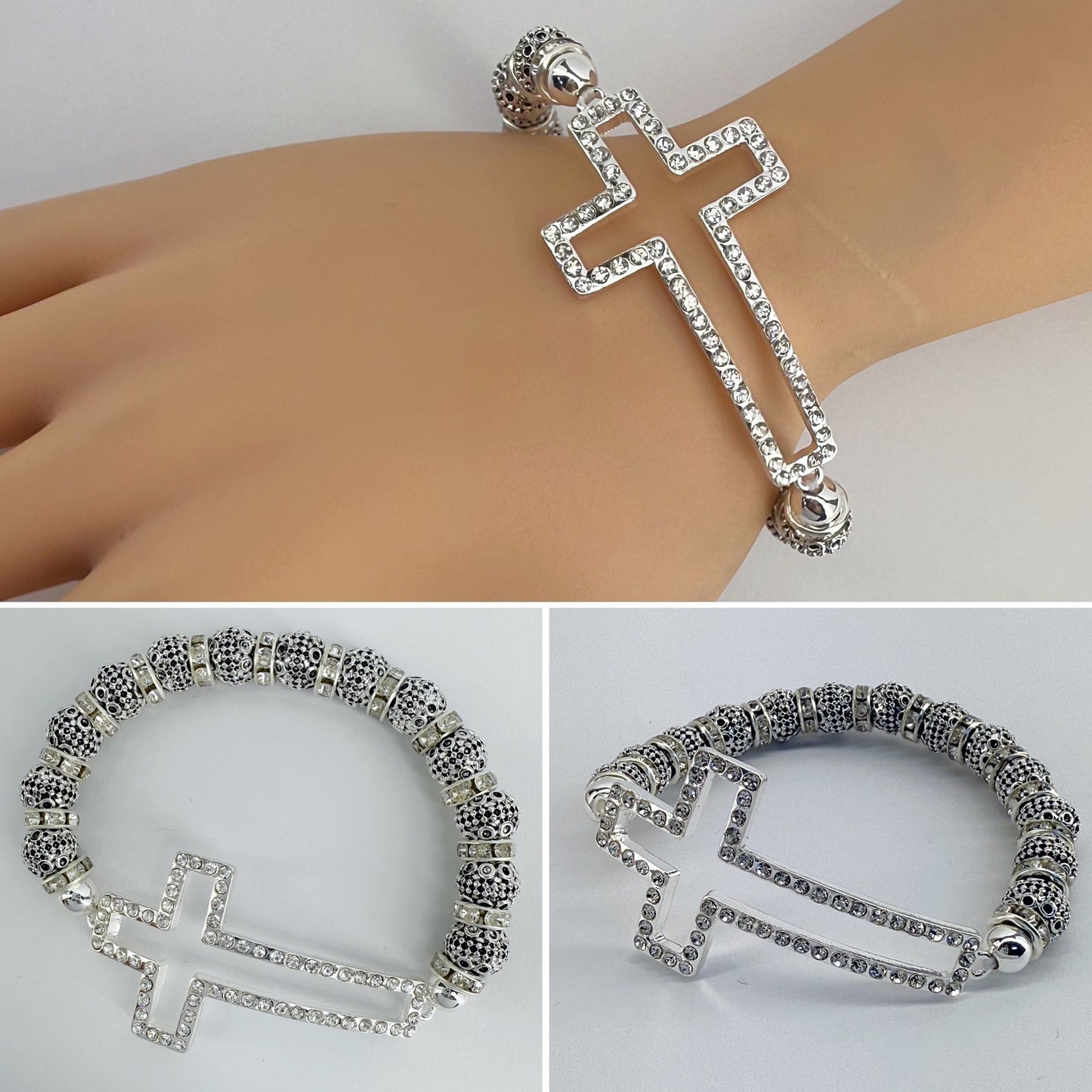 Silver Finish Stretchable Cross Bracelet with Clear Rhinestones