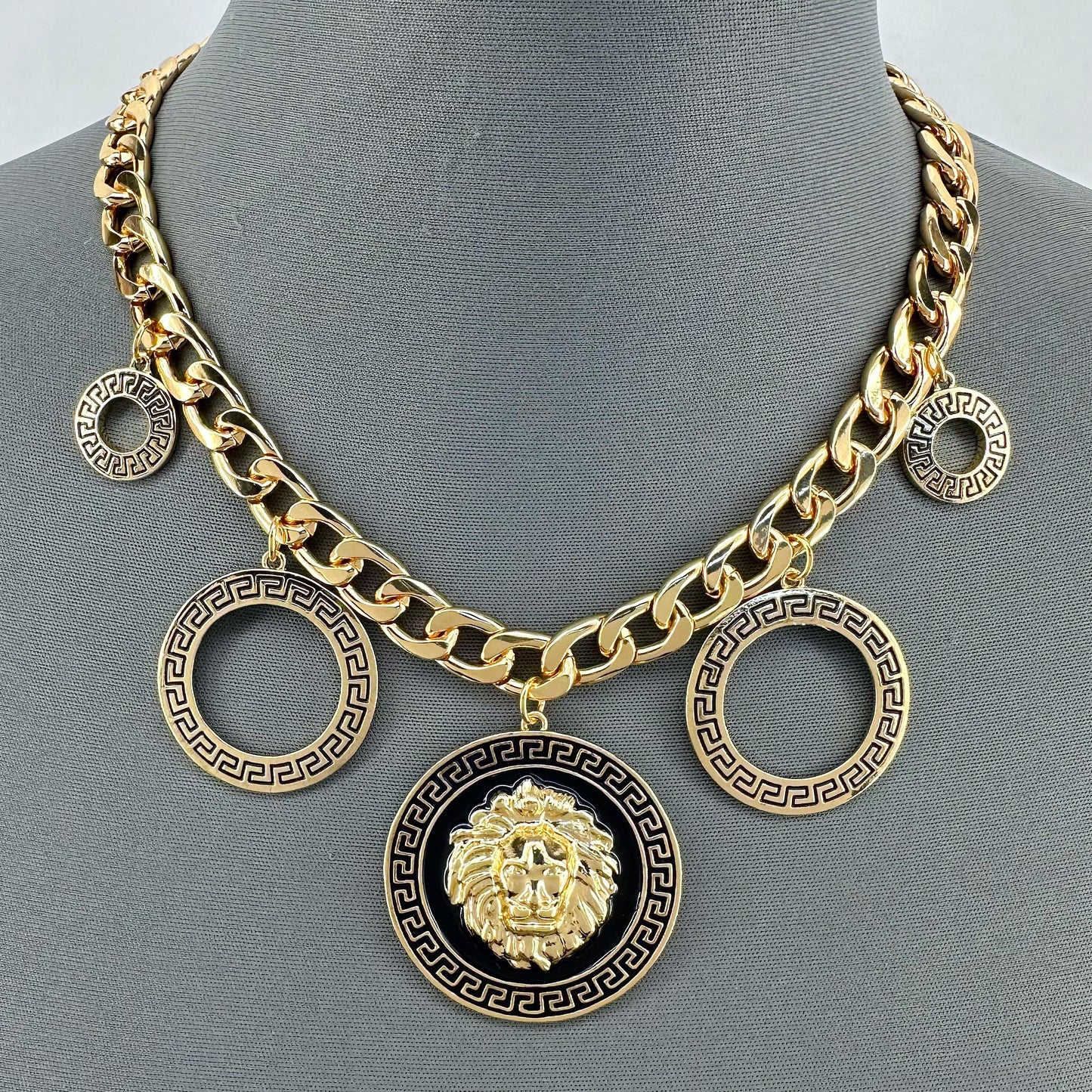 Gold Finish Lion Head and Circle Greek Symbol Chain Necklace