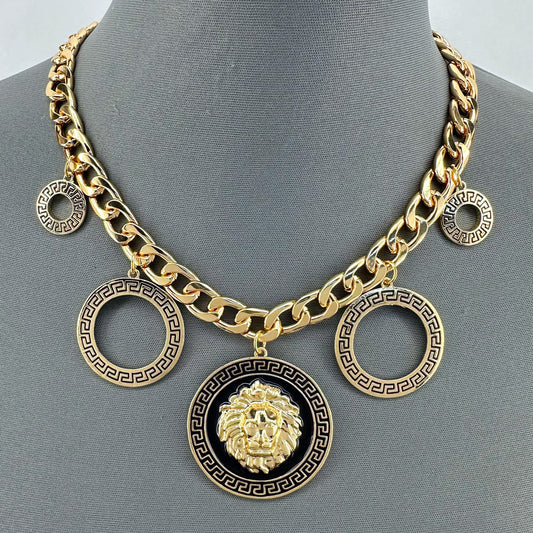 Gold Finish Lion Head and Circle Greek Symbol Chain Necklace