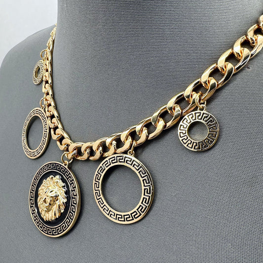 Gold Finish Lion Head and Circle Greek Symbol Chain Necklace