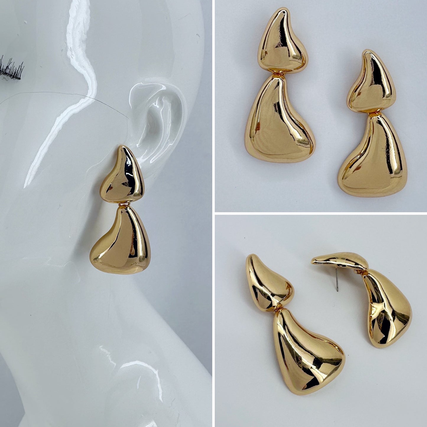 Gold Finish Metal Drop Post Back Earrings