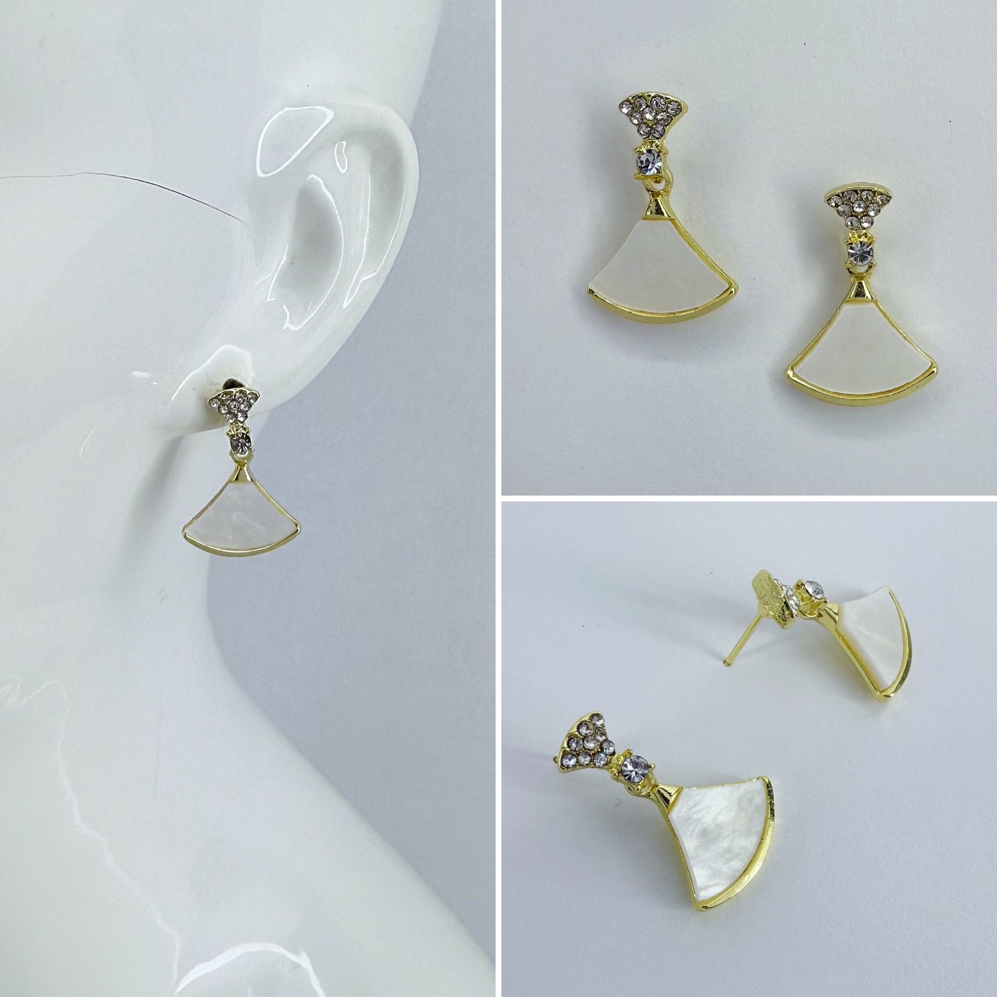 Gold Finish Post Back Unique Design With Rhinestone And Mother Of Pearl