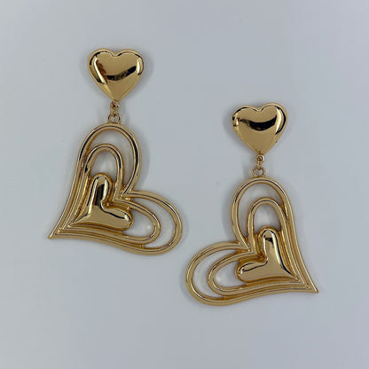 Post Back Earrings With Heart Design And Triple Heart Dangle