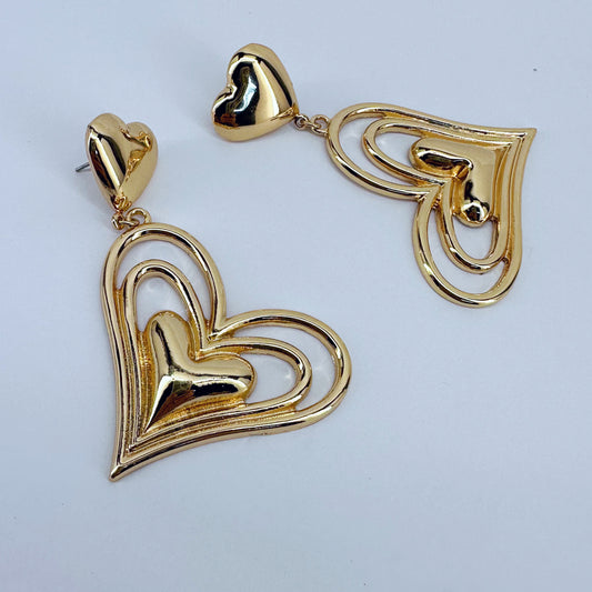 Post Back Earrings With Heart Design And Triple Heart Dangle