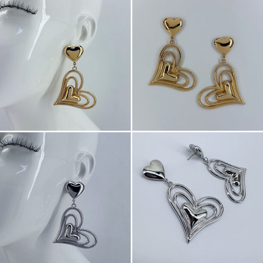 Post Back Earrings With Heart Design And Triple Heart Dangle