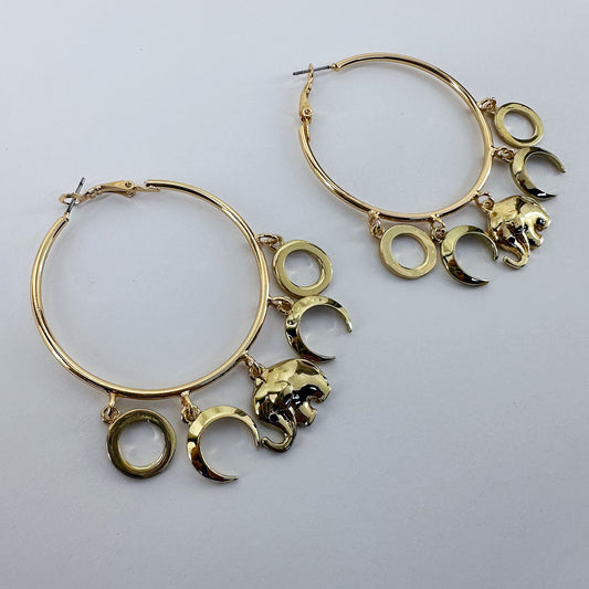 Gold Finish Hoop Earring With Circle, Moon, And Elephant Dangles