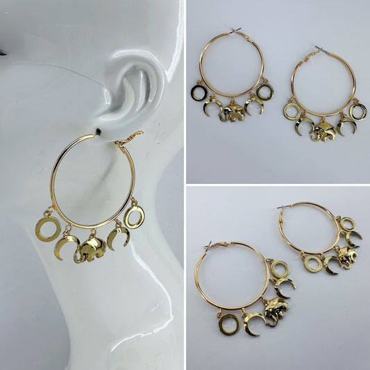 Gold Finish Hoop Earring With Circle, Moon, And Elephant Dangles