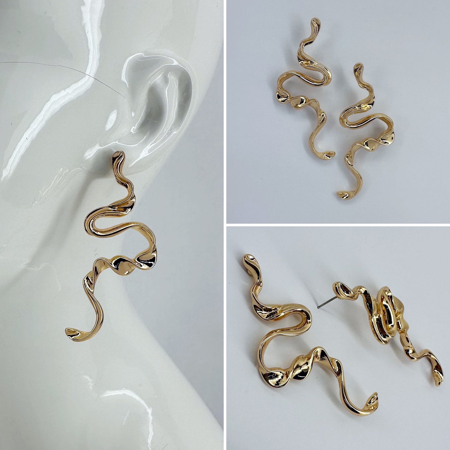 Gold Finish Elegant Wave Line Design Post Back Earrings