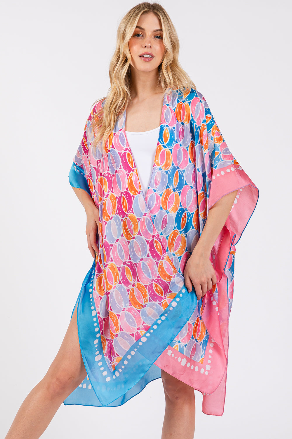 Two Tones Trim Abstract Print Silky Feel Kimono Shawl