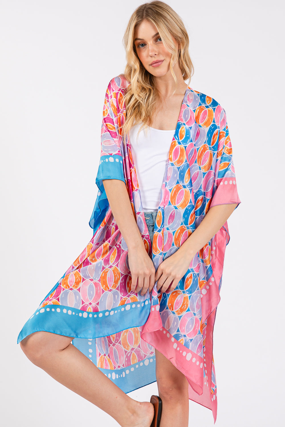 Two Tones Trim Abstract Print Silky Feel Kimono Shawl