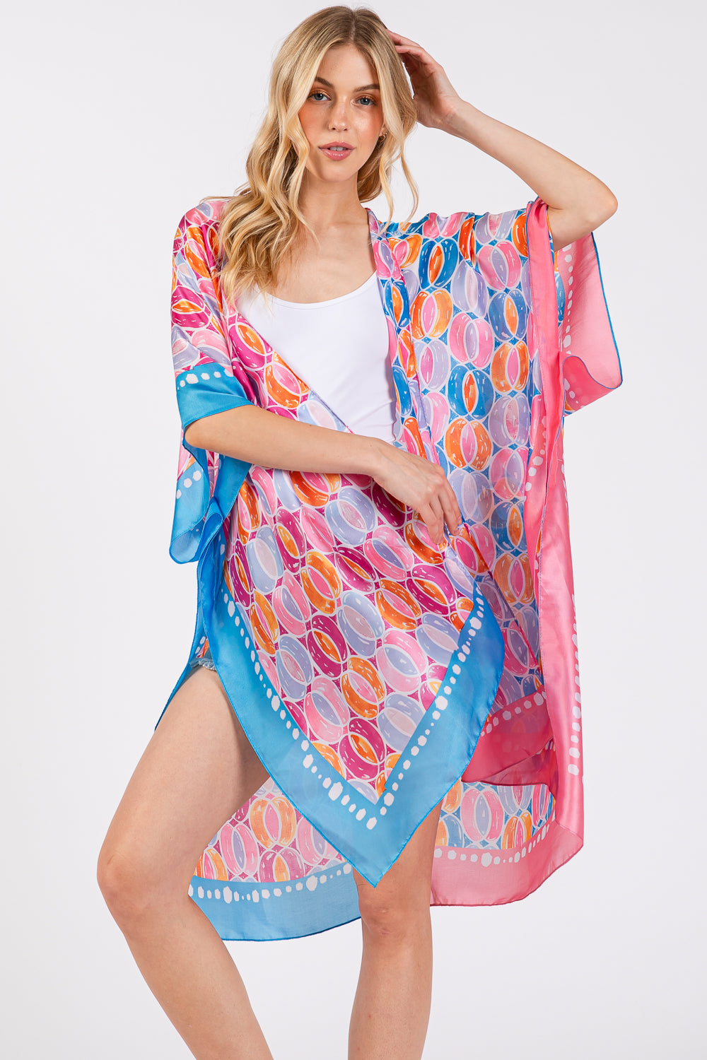 Two Tones Trim Abstract Print Silky Feel Kimono Shawl