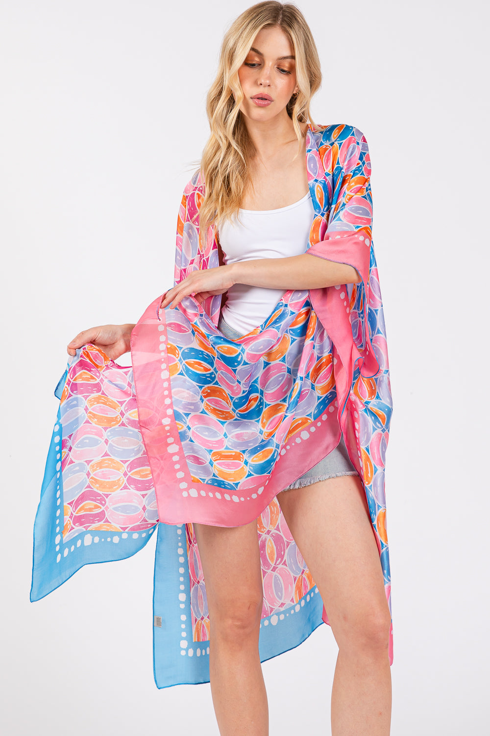 Two Tones Trim Abstract Print Silky Feel Kimono Shawl