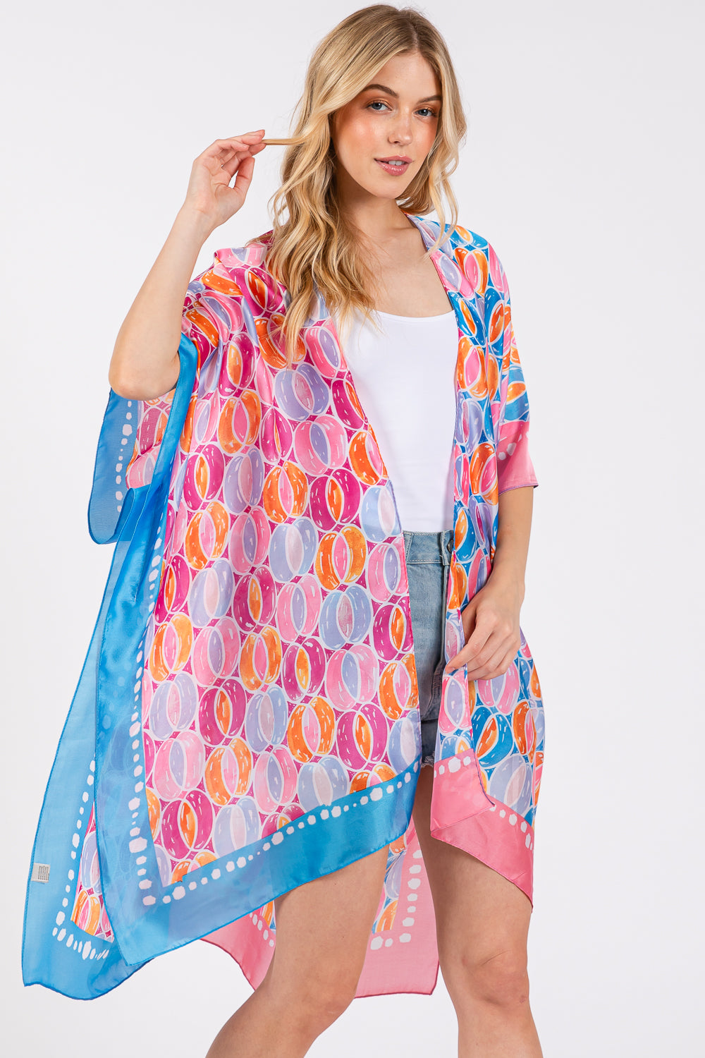 Two Tones Trim Abstract Print Silky Feel Kimono Shawl