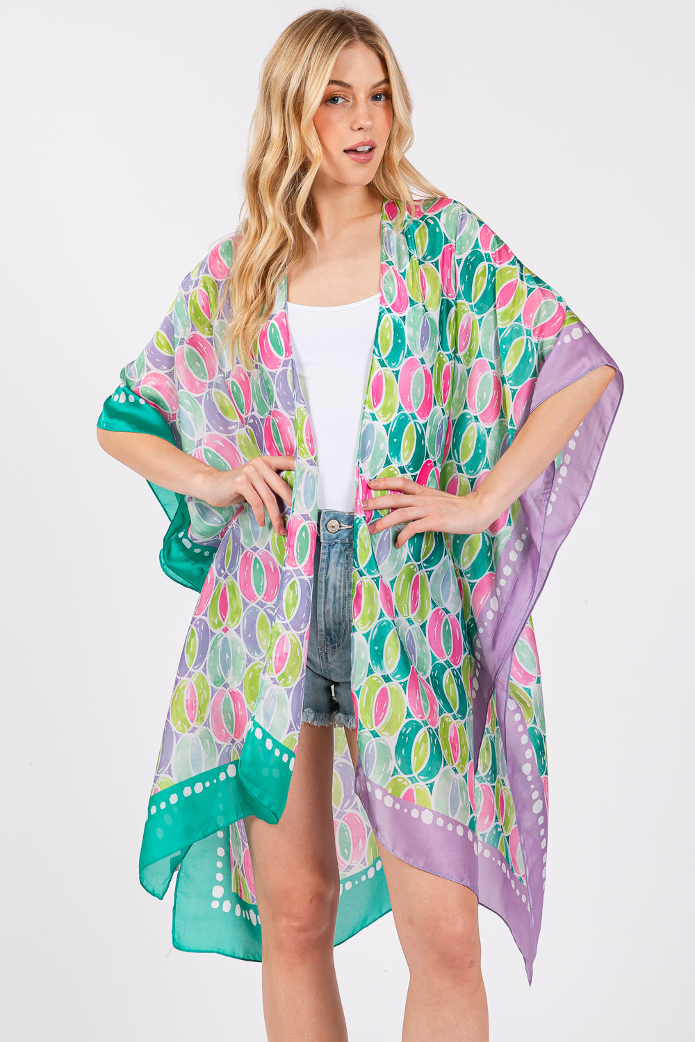 Two Tones Trim Abstract Print Silky Feel Kimono Shawl