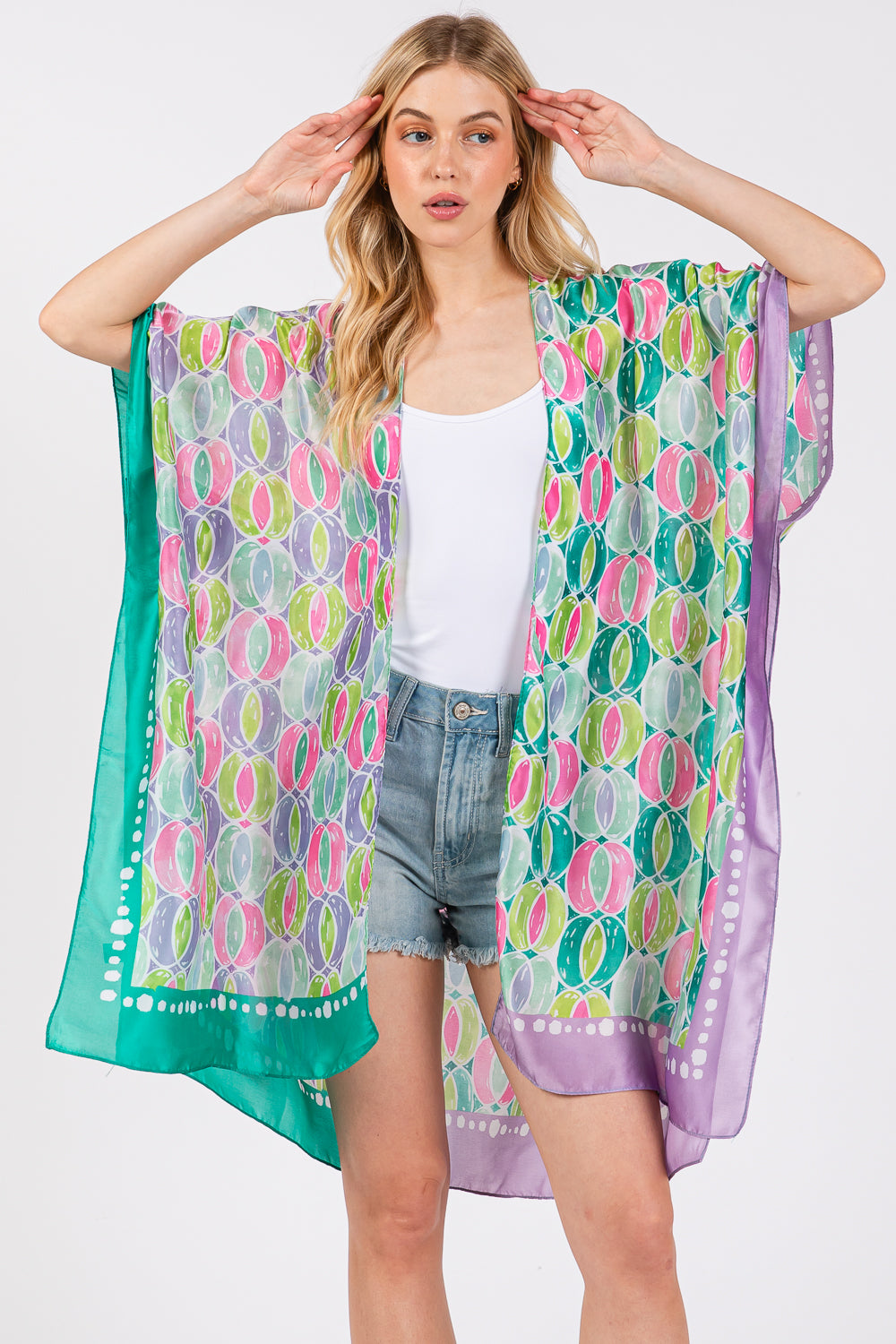 Two Tones Trim Abstract Print Silky Feel Kimono Shawl
