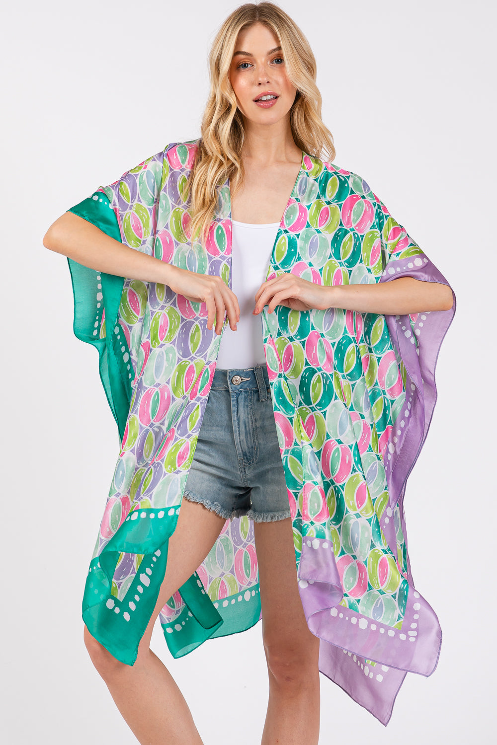 Two Tones Trim Abstract Print Silky Feel Kimono Shawl