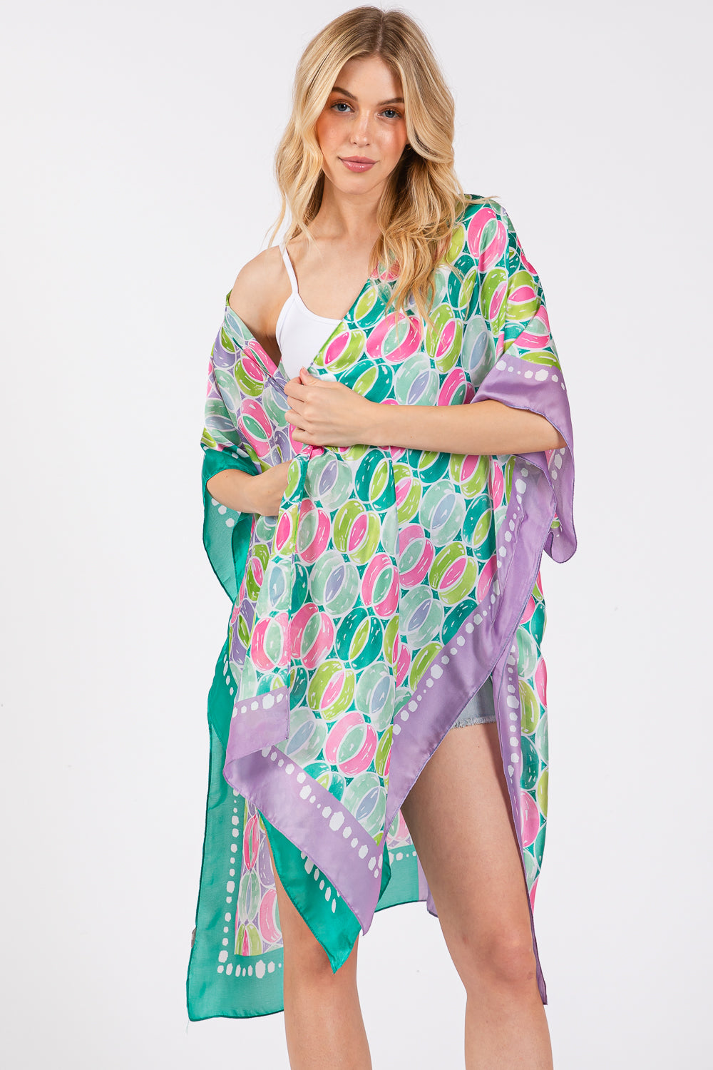 Two Tones Trim Abstract Print Silky Feel Kimono Shawl