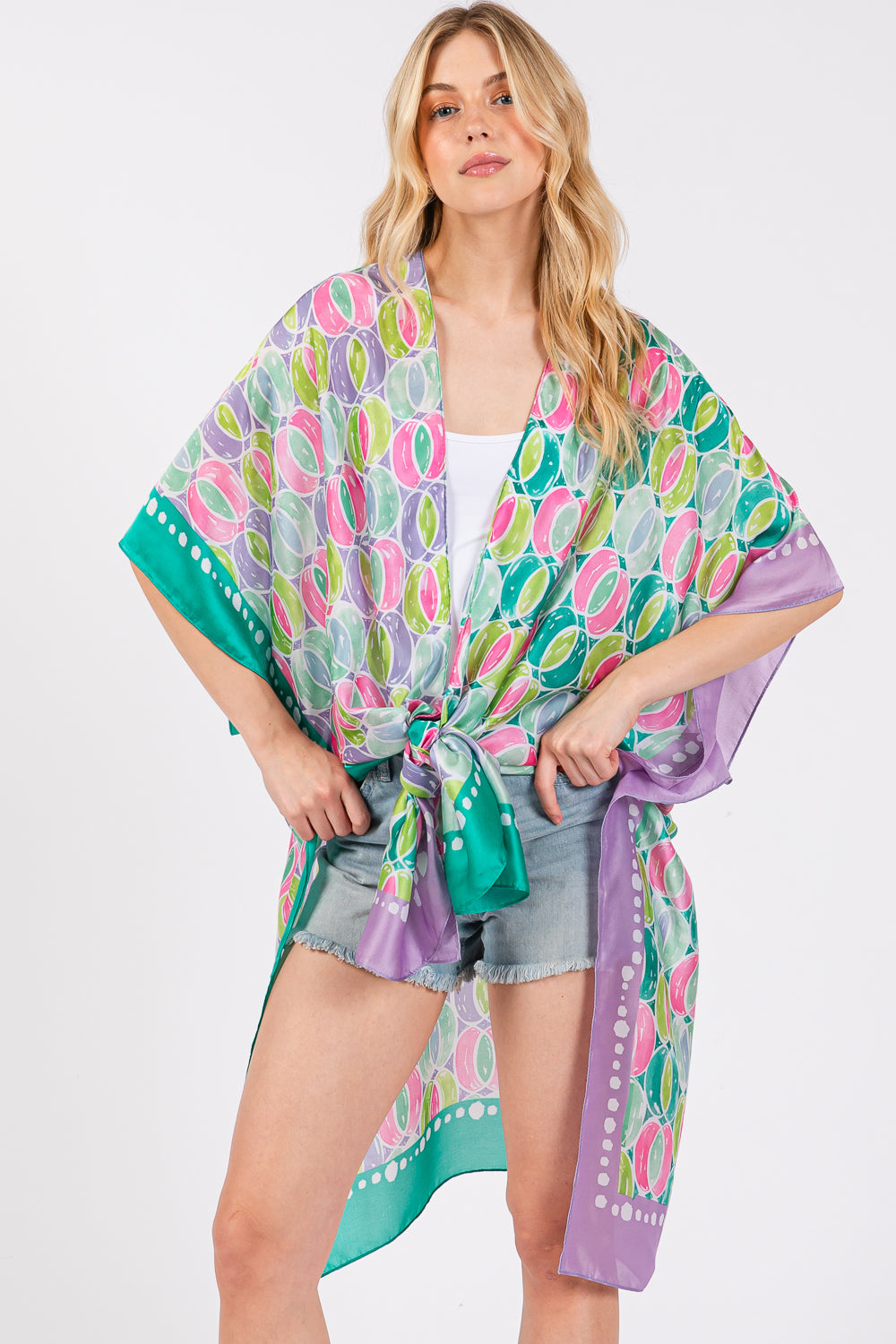 Two Tones Trim Abstract Print Silky Feel Kimono Shawl