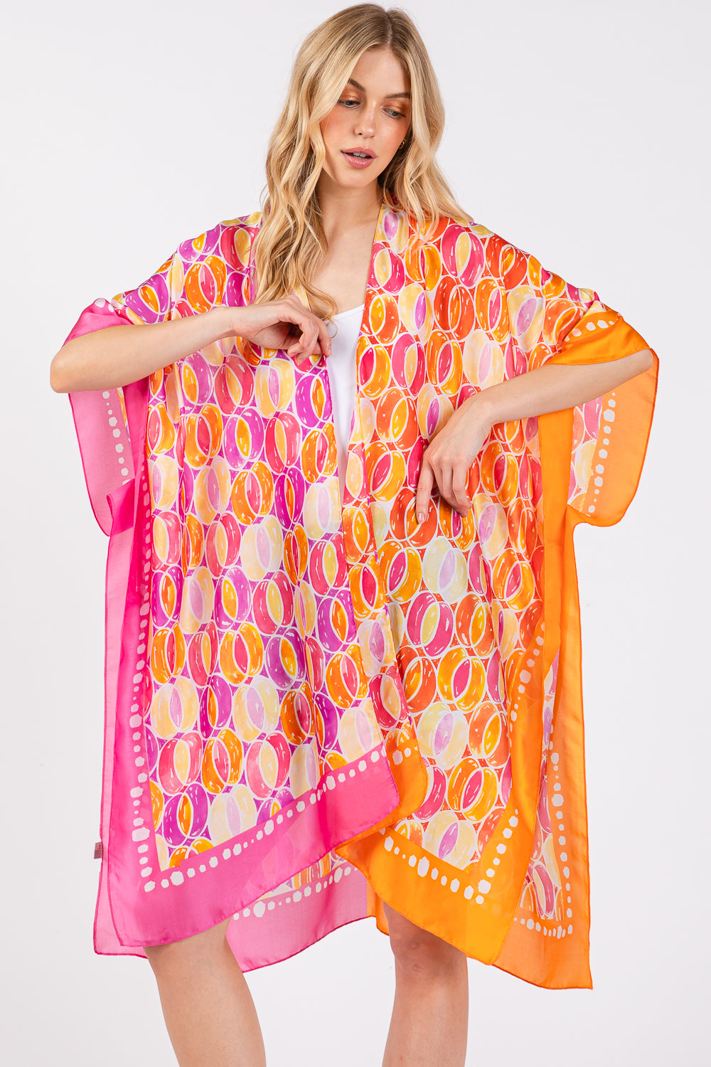Two Tones Trim Abstract Print Silky Feel Kimono Shawl