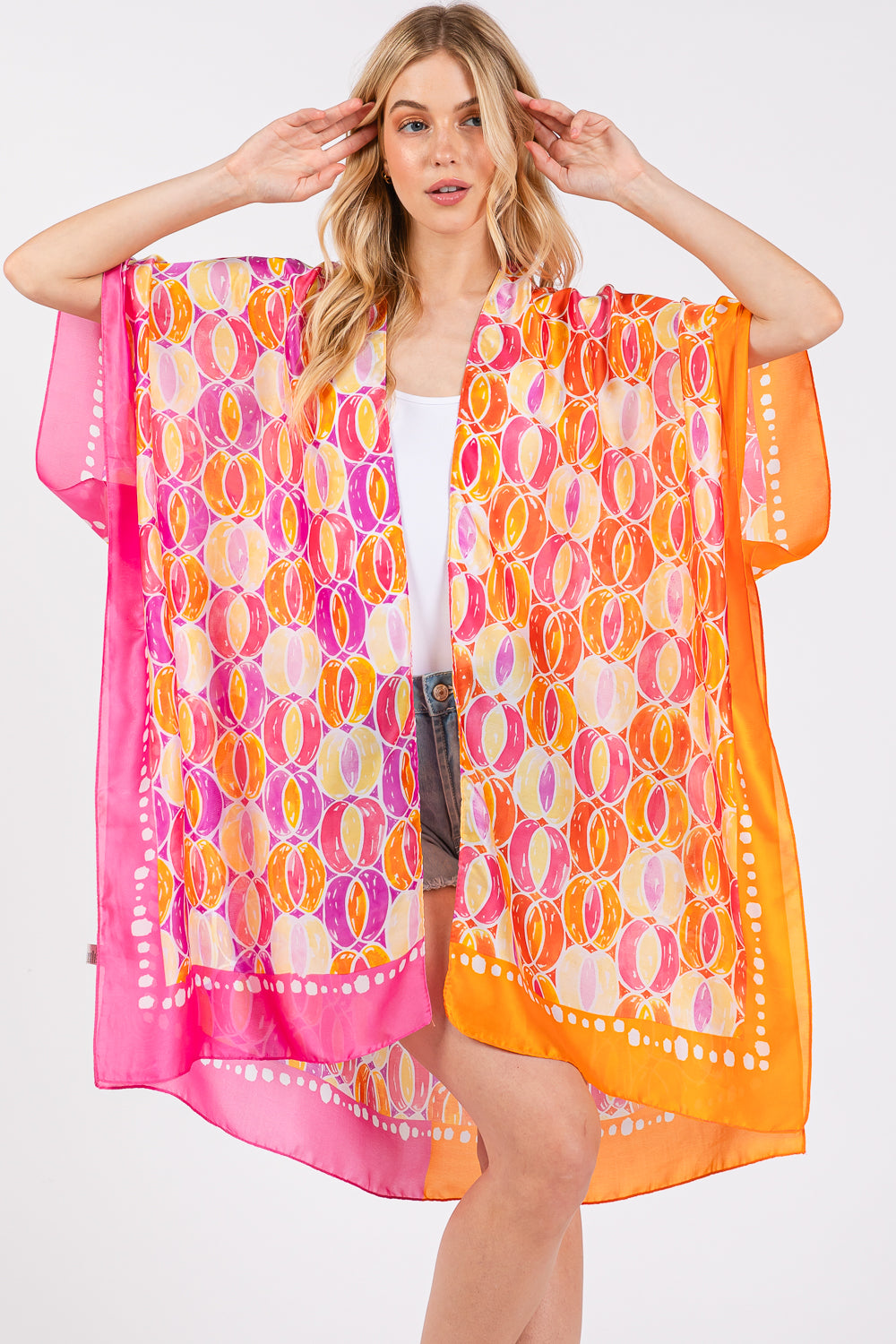 Two Tones Trim Abstract Print Silky Feel Kimono Shawl