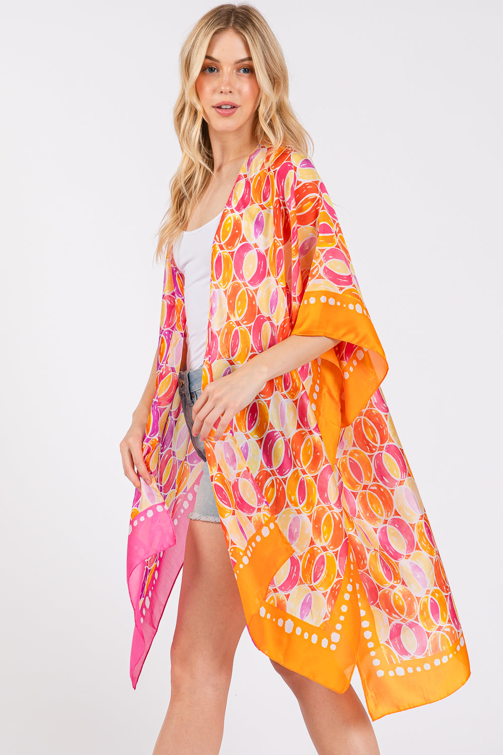 Two Tones Trim Abstract Print Silky Feel Kimono Shawl