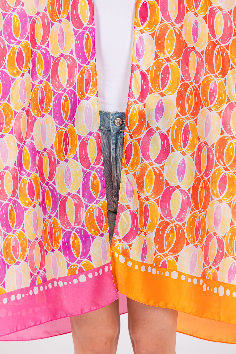 Two Tones Trim Abstract Print Silky Feel Kimono Shawl