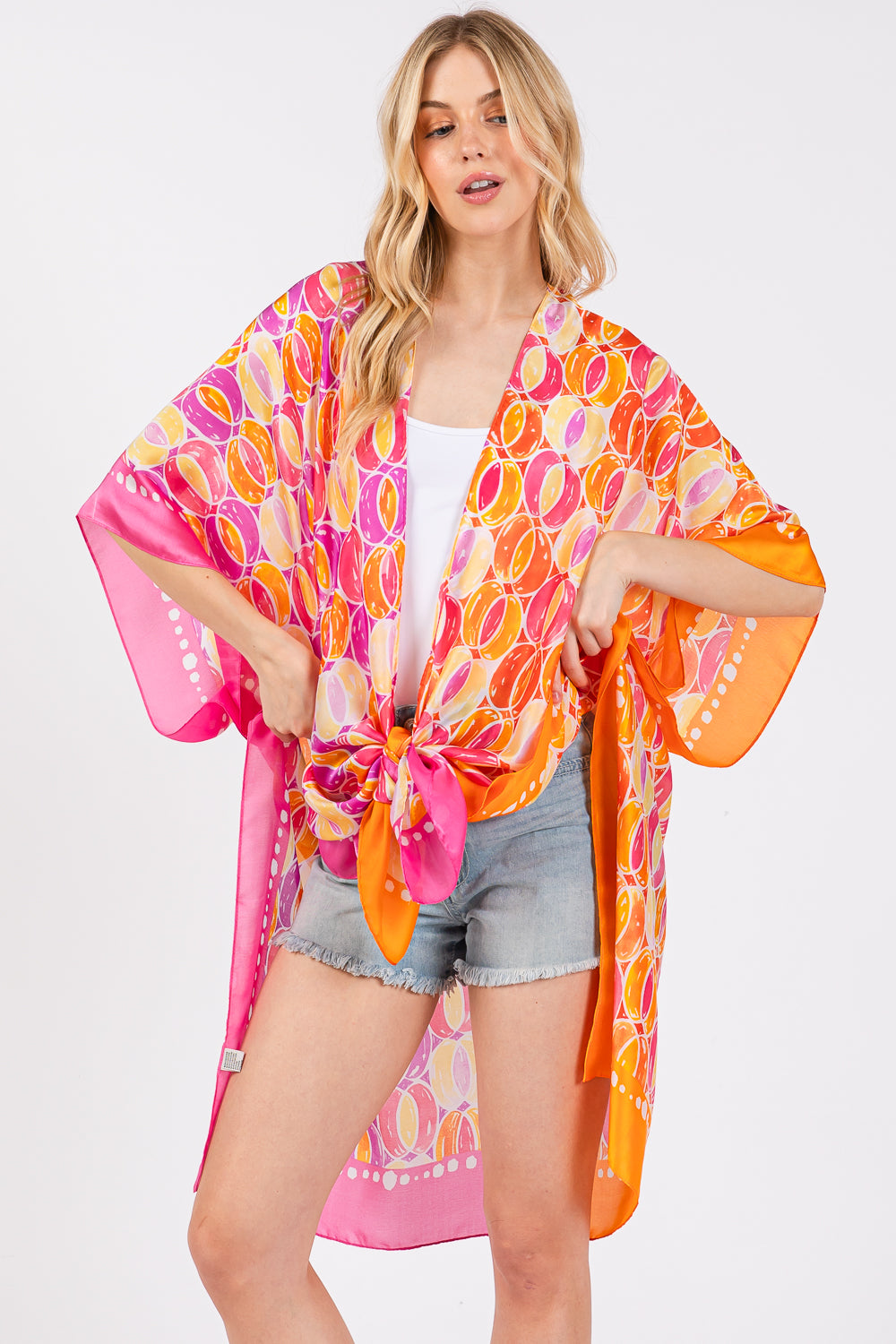 Two Tones Trim Abstract Print Silky Feel Kimono Shawl