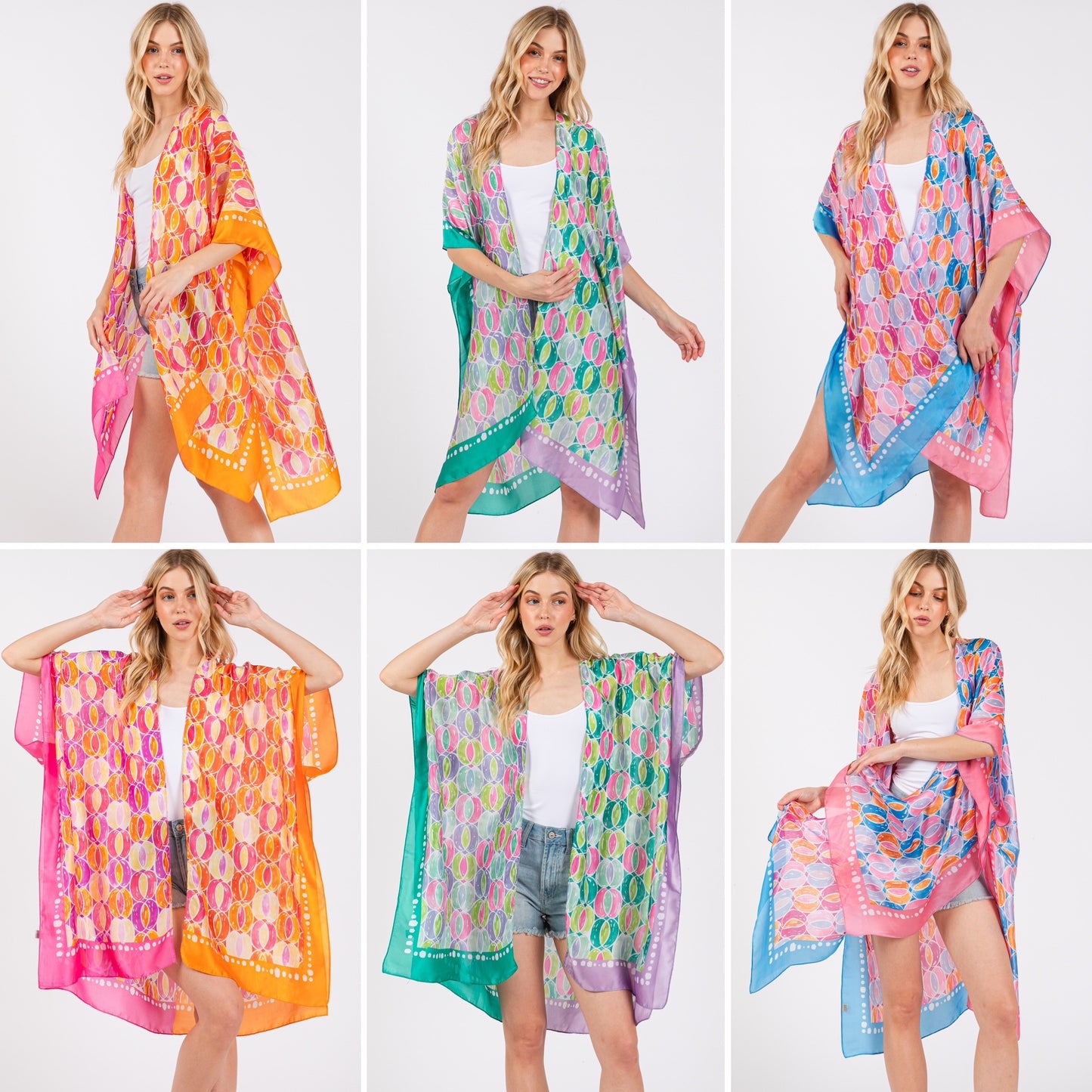 Two Tones Trim Abstract Print Silky Feel Kimono Shawl