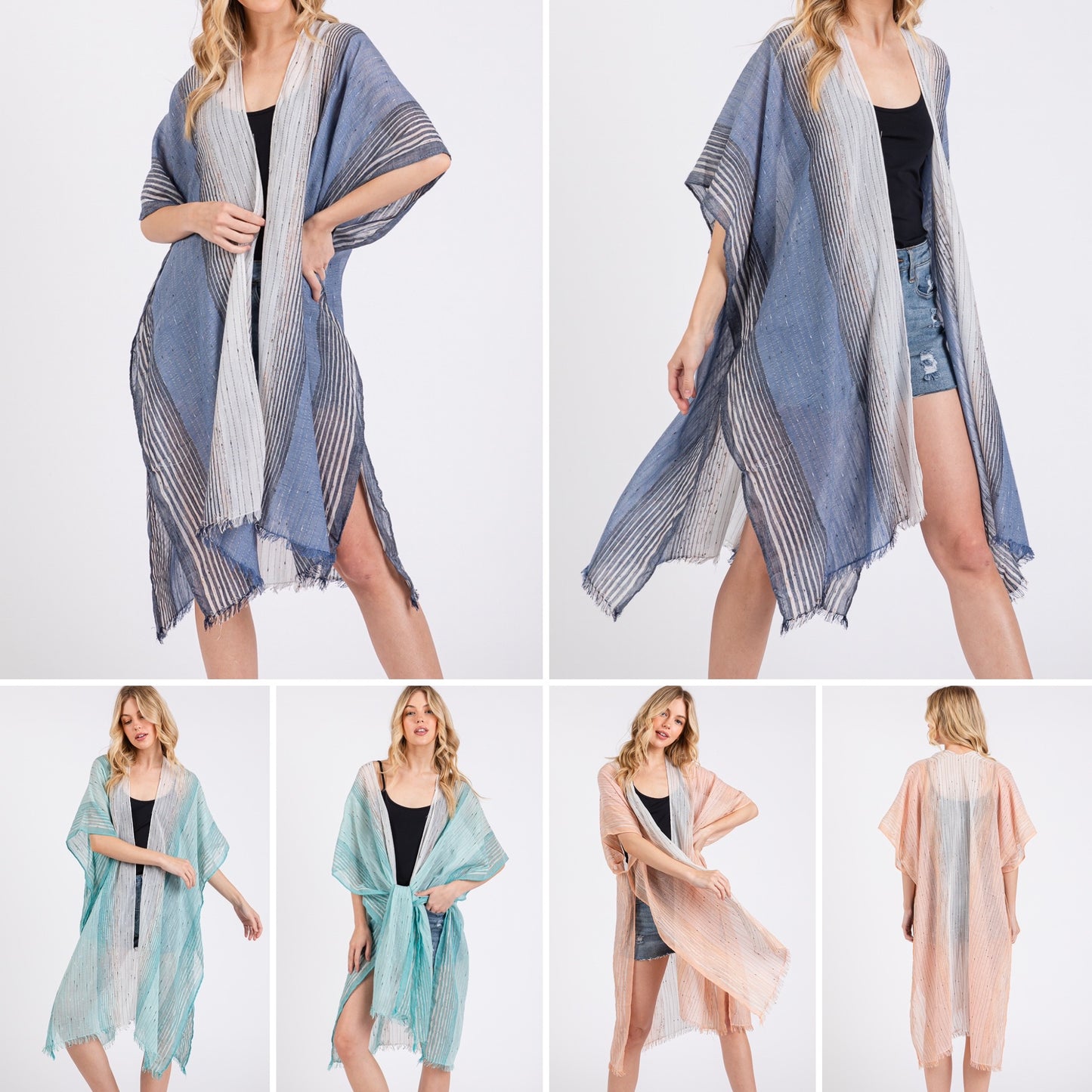 Striped Two Tone Cover up Open Kimono Shawl