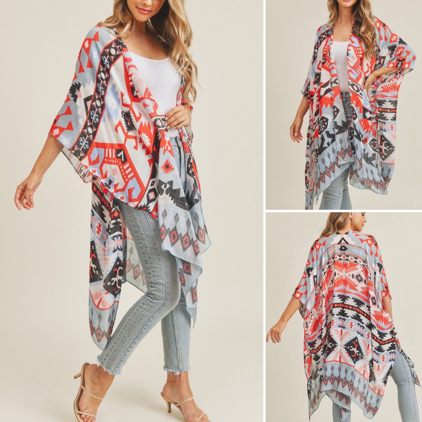 Tribal Aztec Print Kimono Shawl Cover Up Red and Black Design