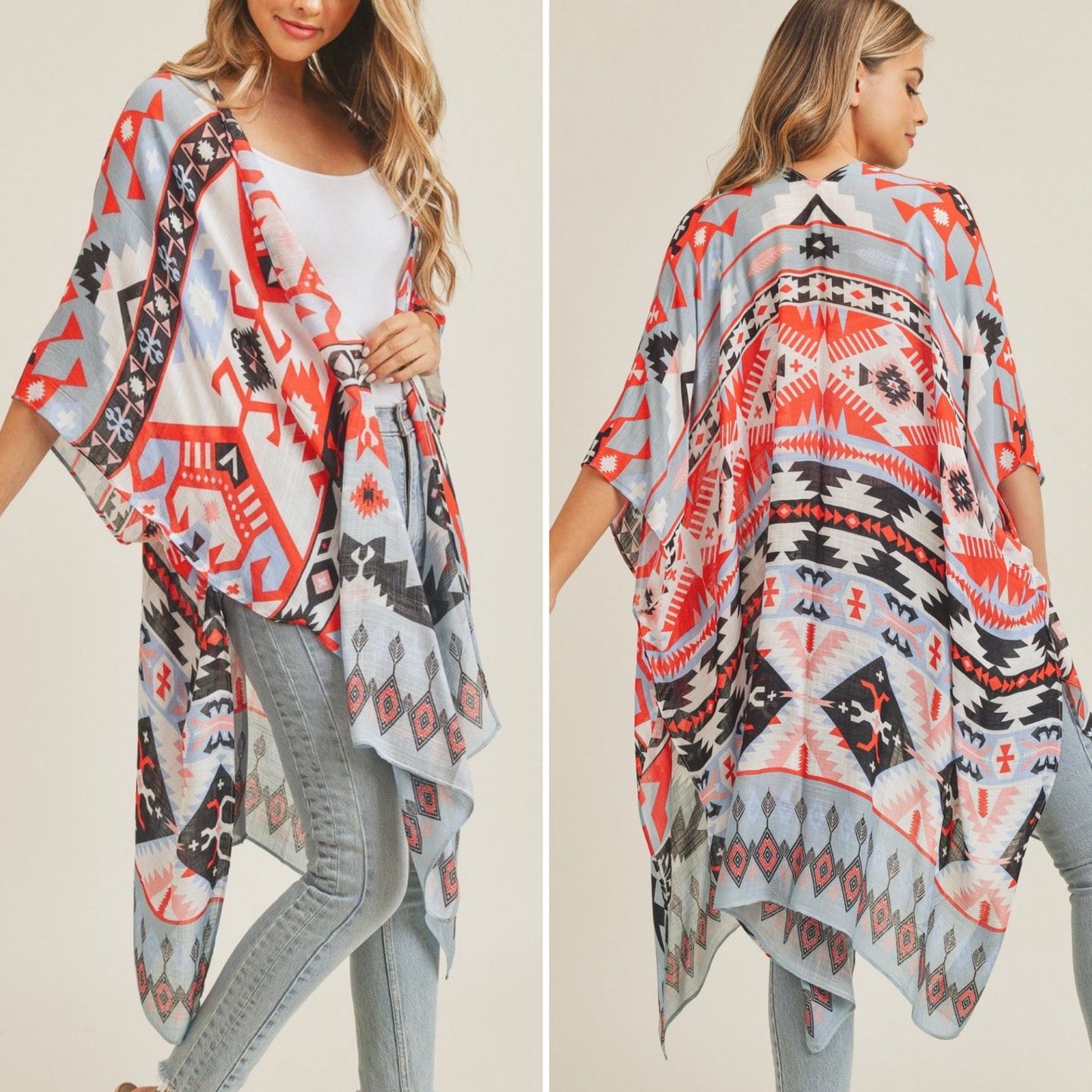 Tribal Aztec Print Kimono Shawl Cover Up Red and Black Design