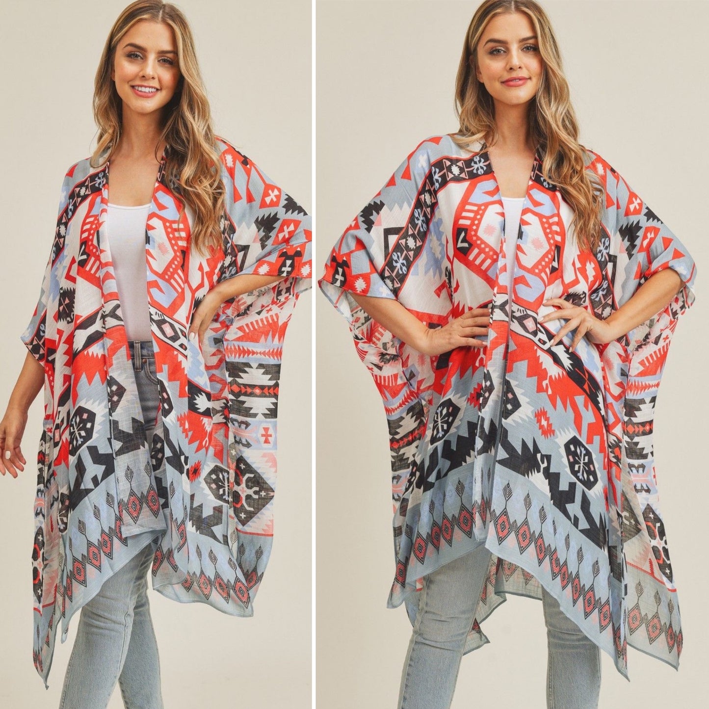 Tribal Aztec Print Kimono Shawl Cover Up Red and Black Design