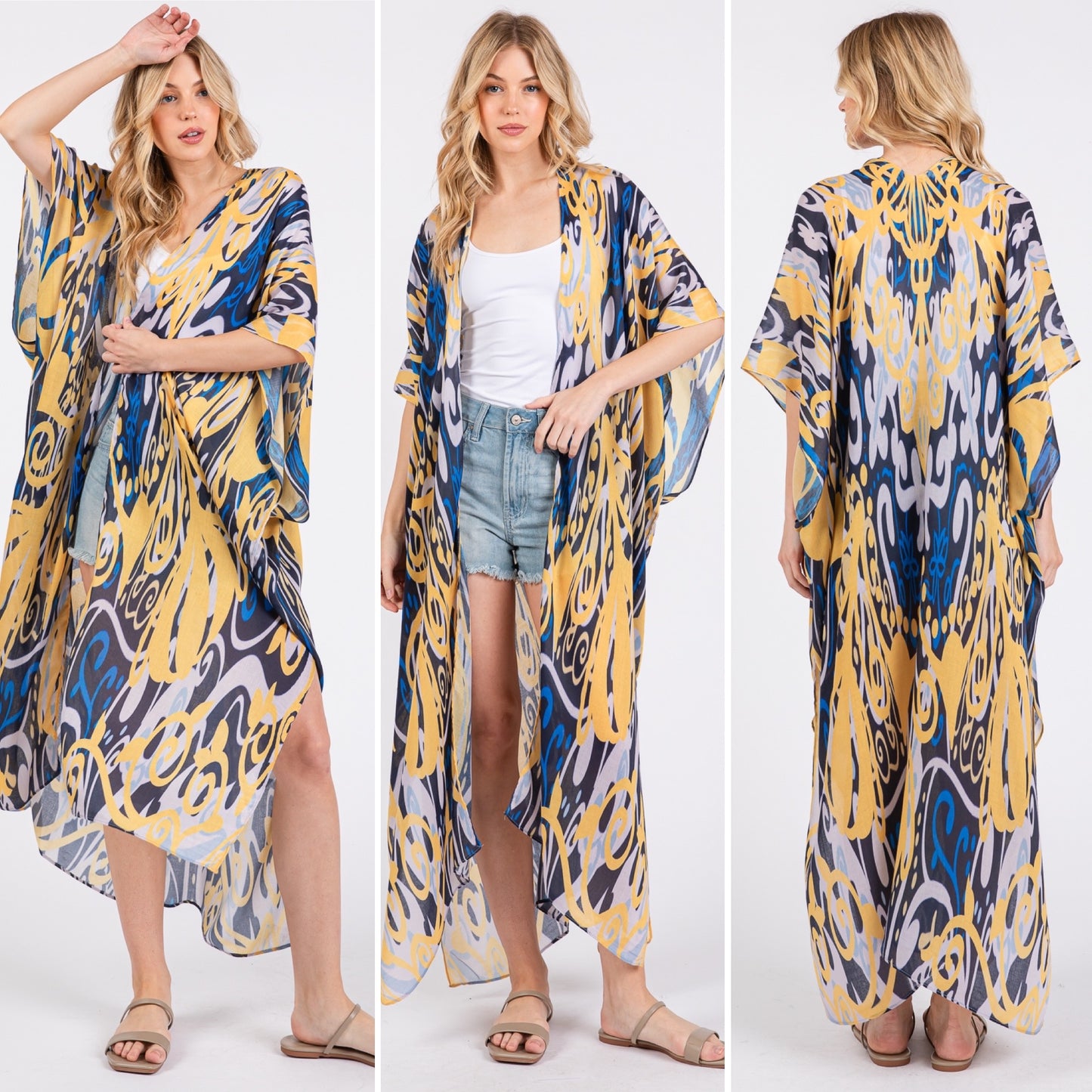 Yellow and Blue Boho Print Open Long Kimono