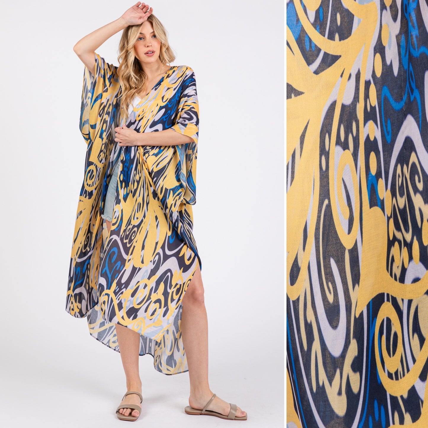Yellow and Blue Boho Print Open Long Kimono