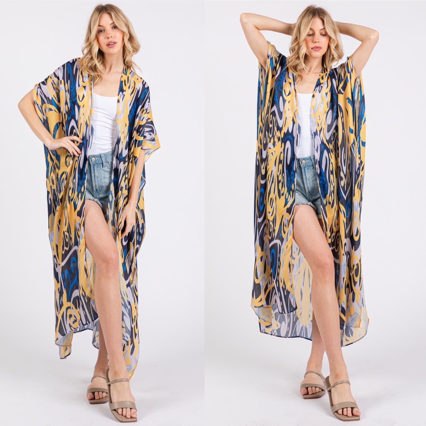 Yellow and Blue Boho Print Open Long Kimono