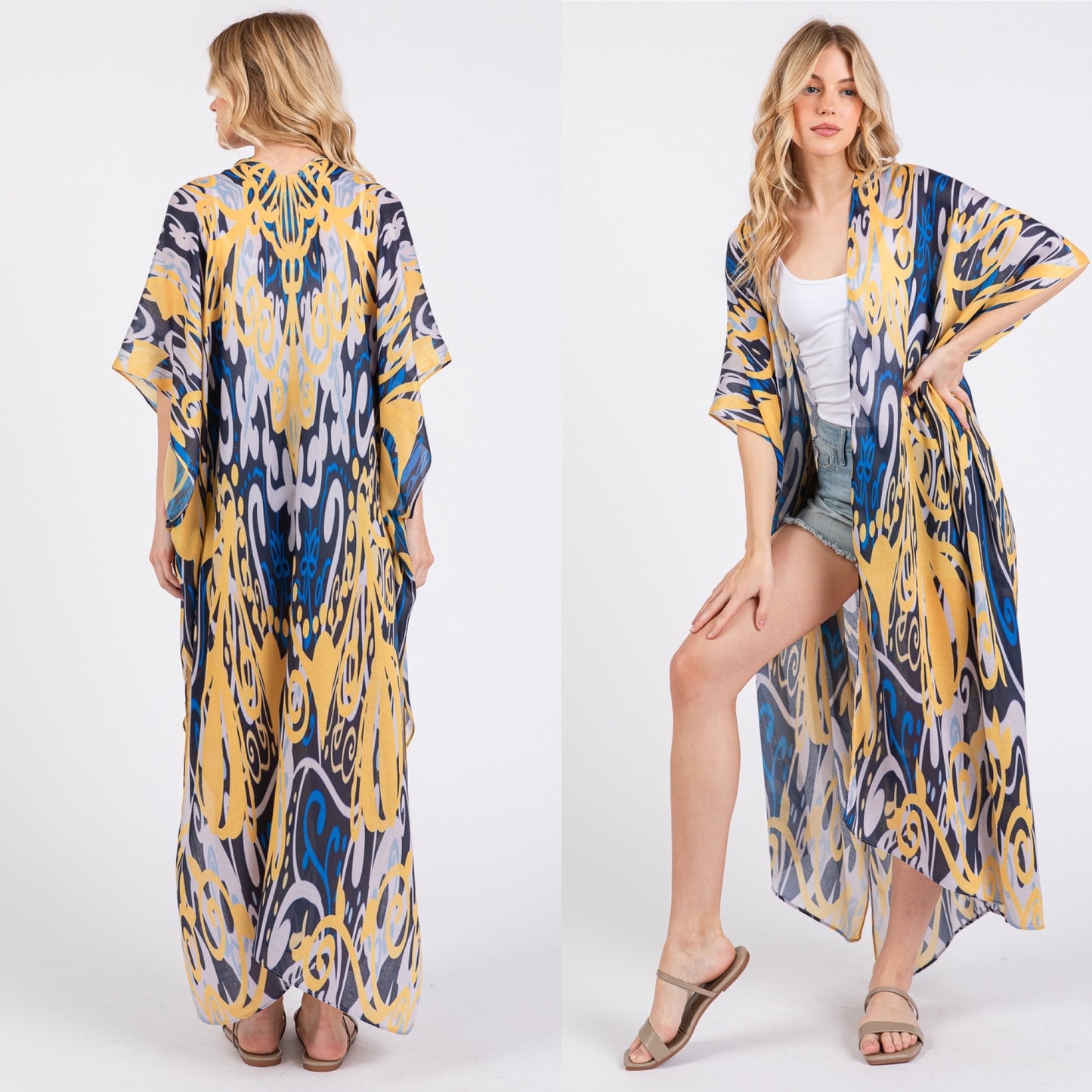 Yellow and Blue Boho Print Open Long Kimono