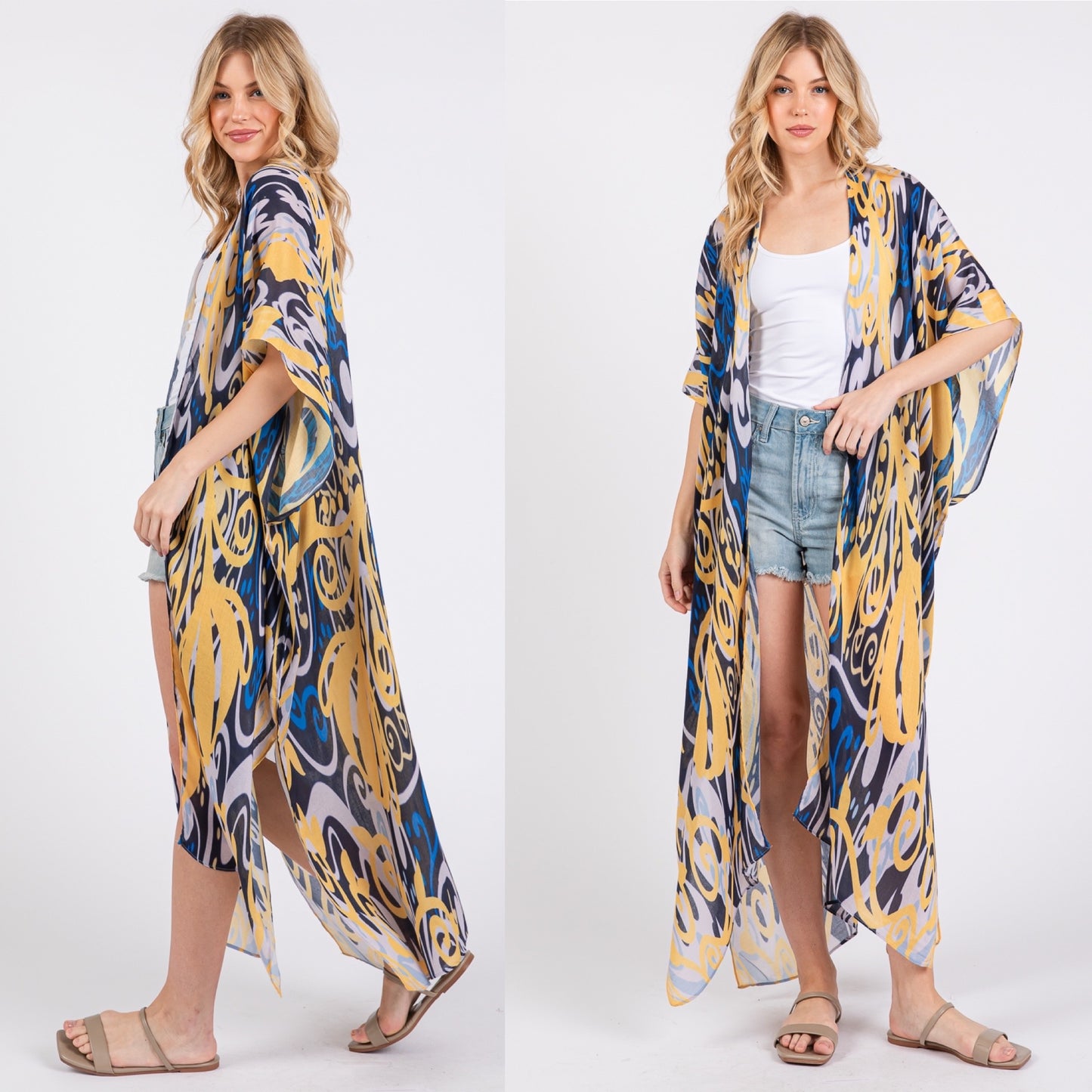 Yellow and Blue Boho Print Open Long Kimono