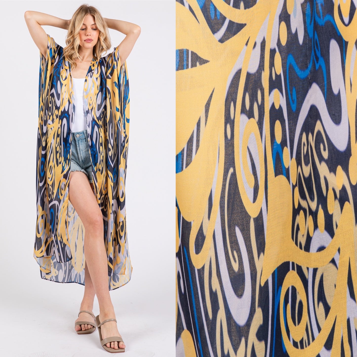 Yellow and Blue Boho Print Open Long Kimono