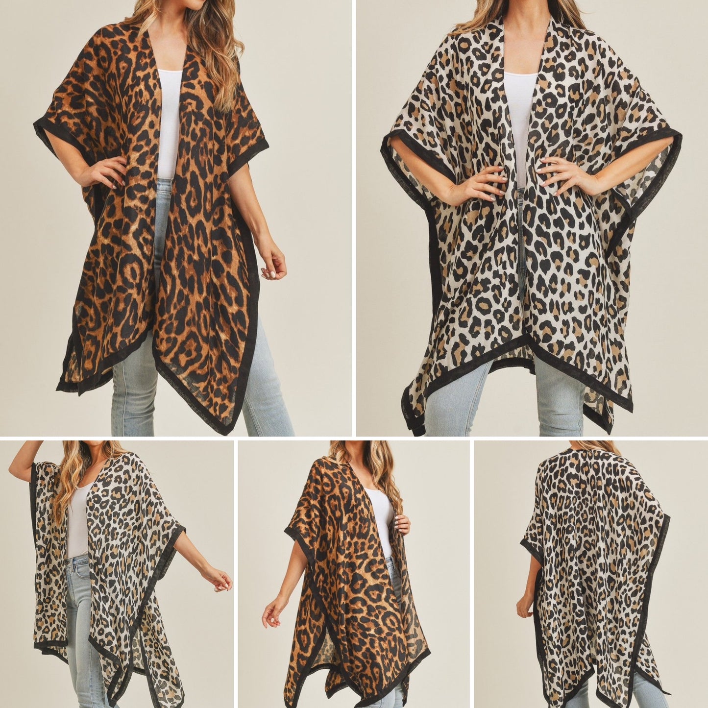 Beige or Brown Leopard Print Open Kimono