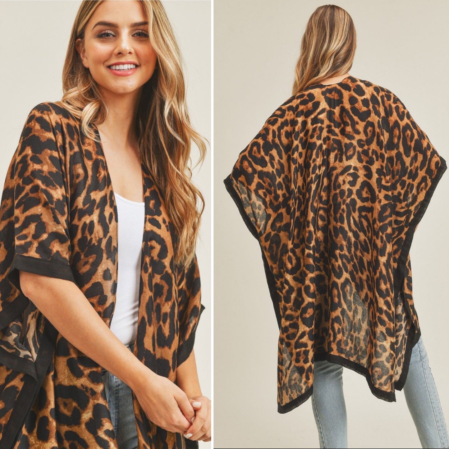 Beige or Brown Leopard Print Open Kimono