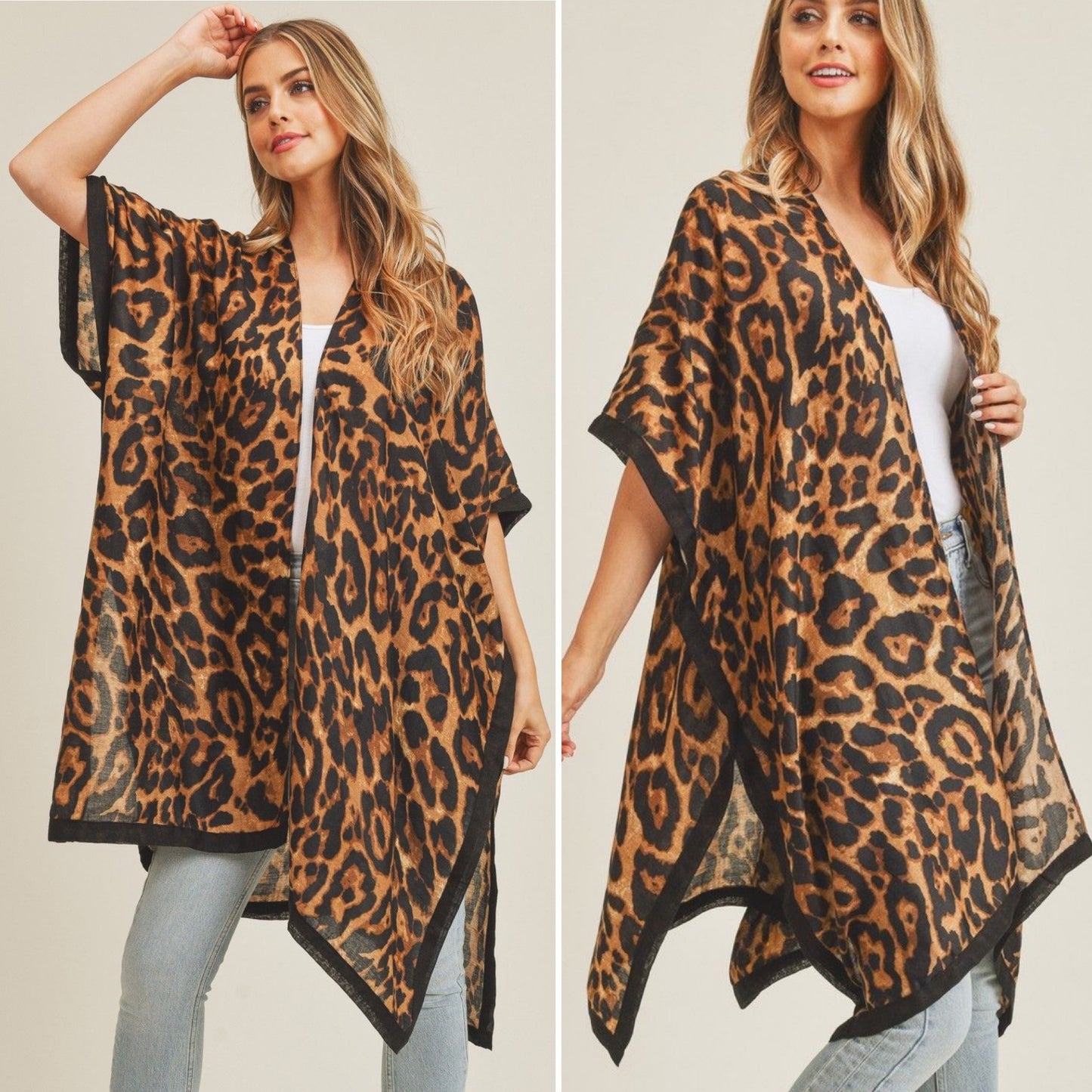 Beige or Brown Leopard Print Open Kimono