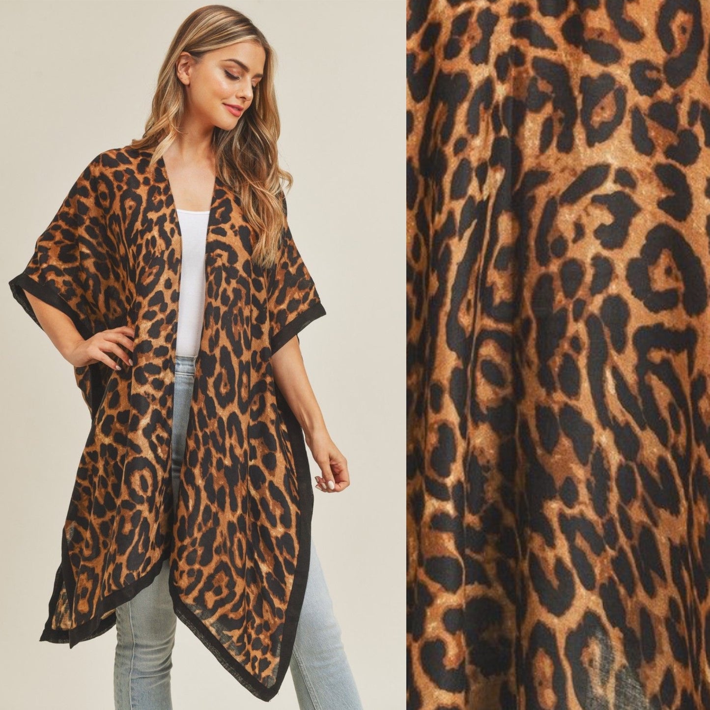 Beige or Brown Leopard Print Open Kimono