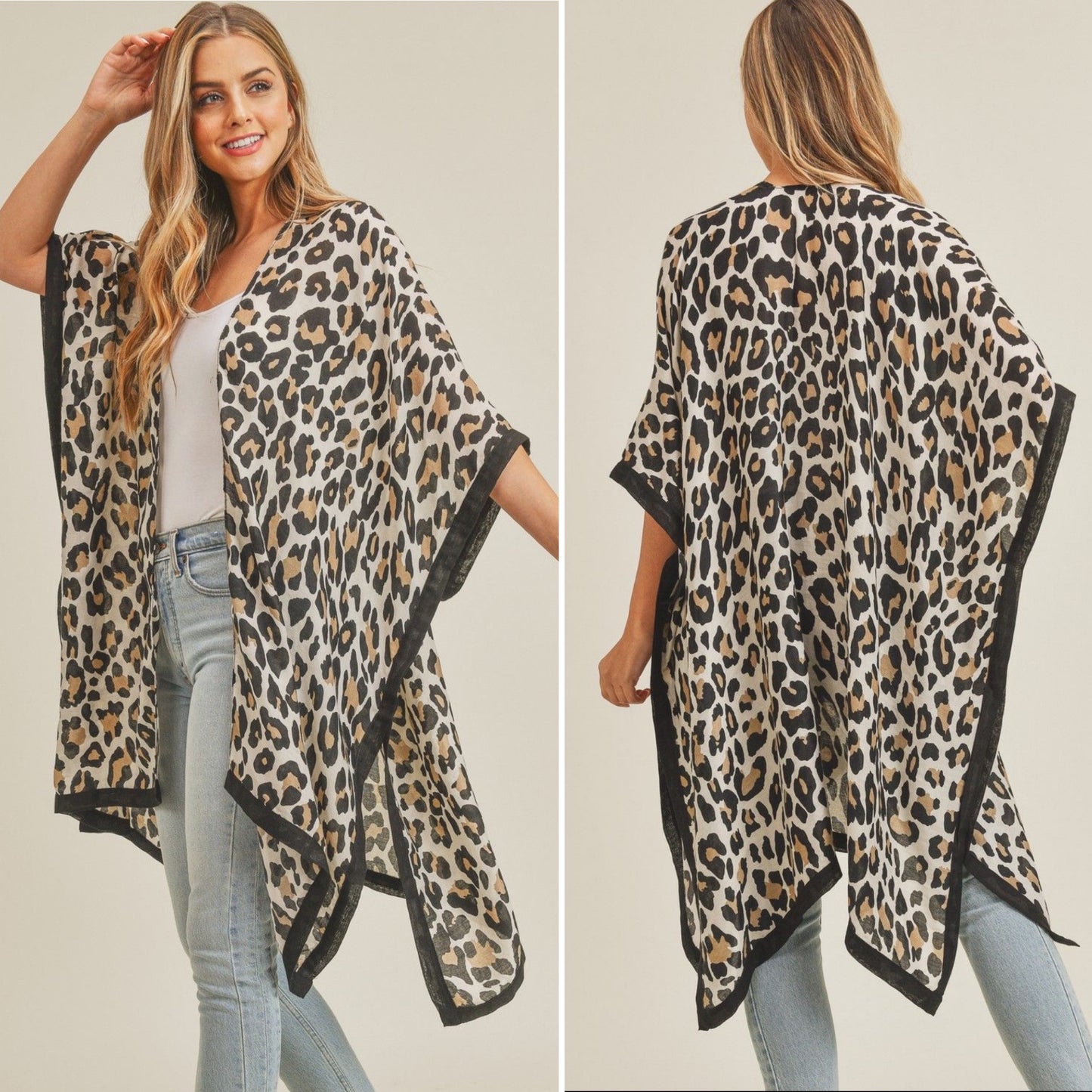 Beige or Brown Leopard Print Open Kimono